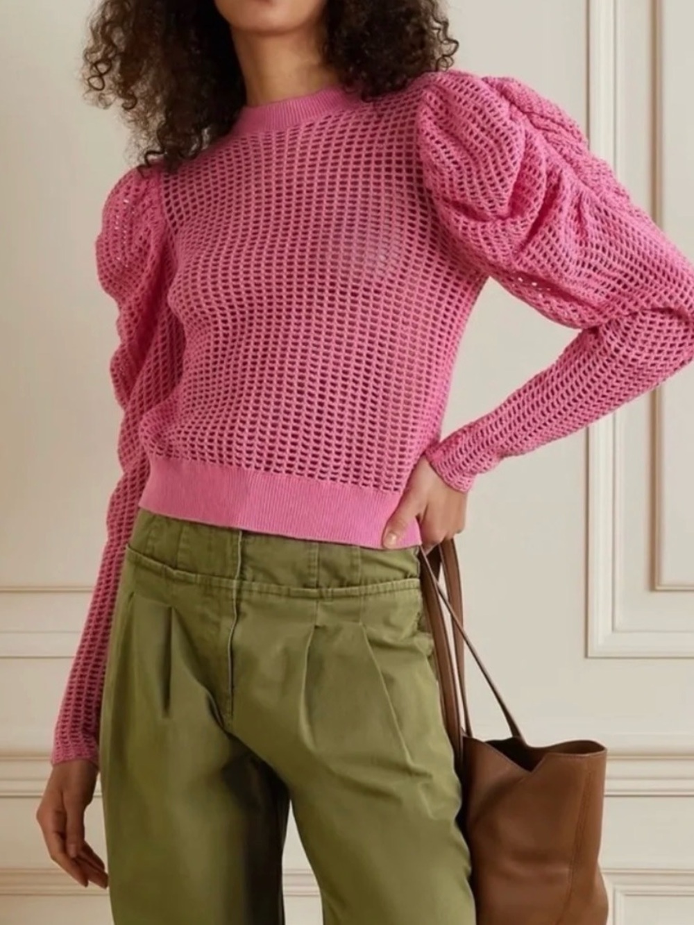 Ulla Johnson Pink Open-Knit Puff-Sleeve Crew Sweater